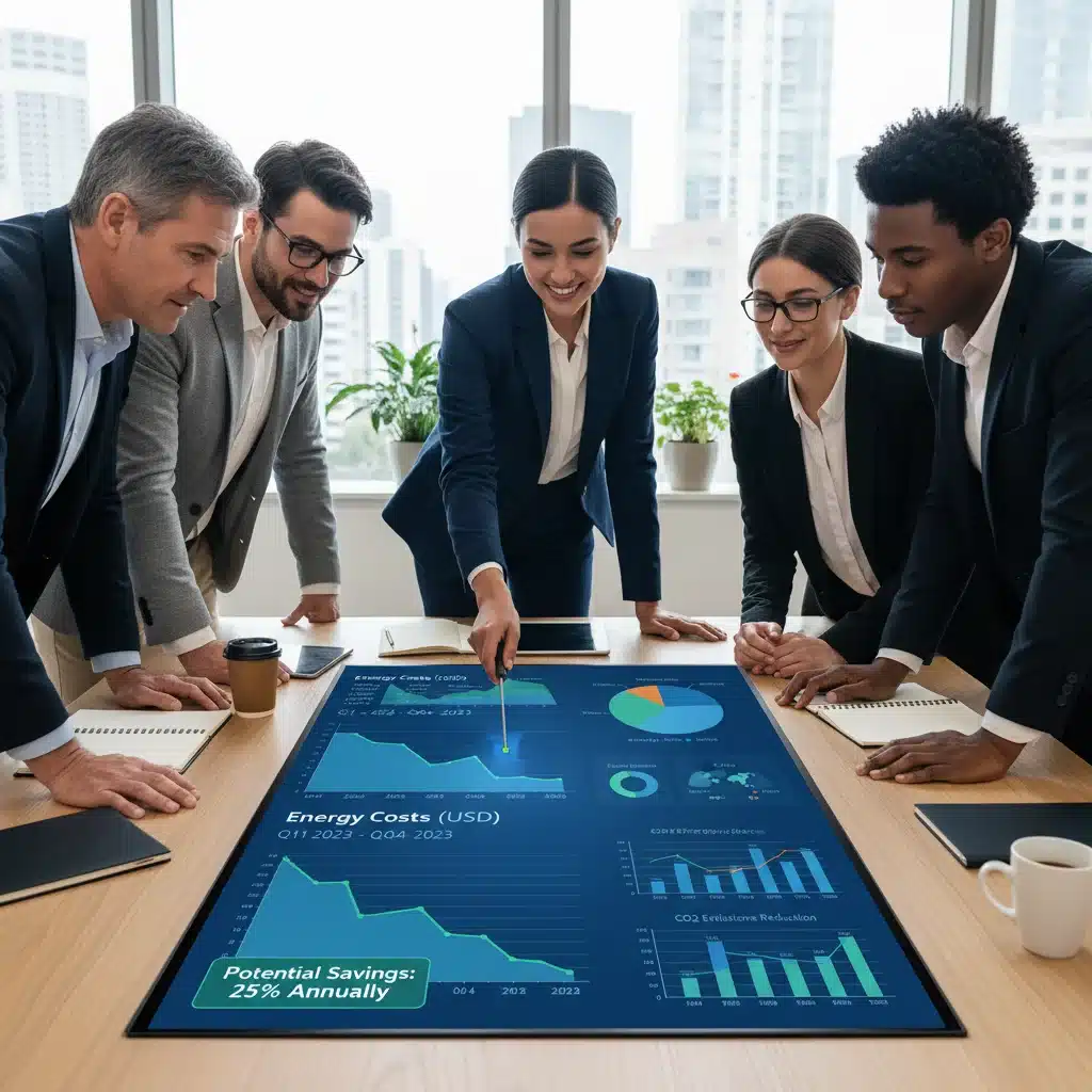 Business professionals analyzing energy consumption data on a digital dashboard, illustrating energy cost reduction.