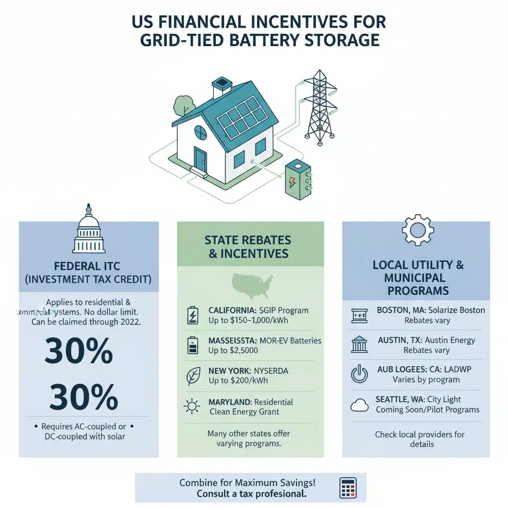 Infographic showing federal and state incentives for battery storage.