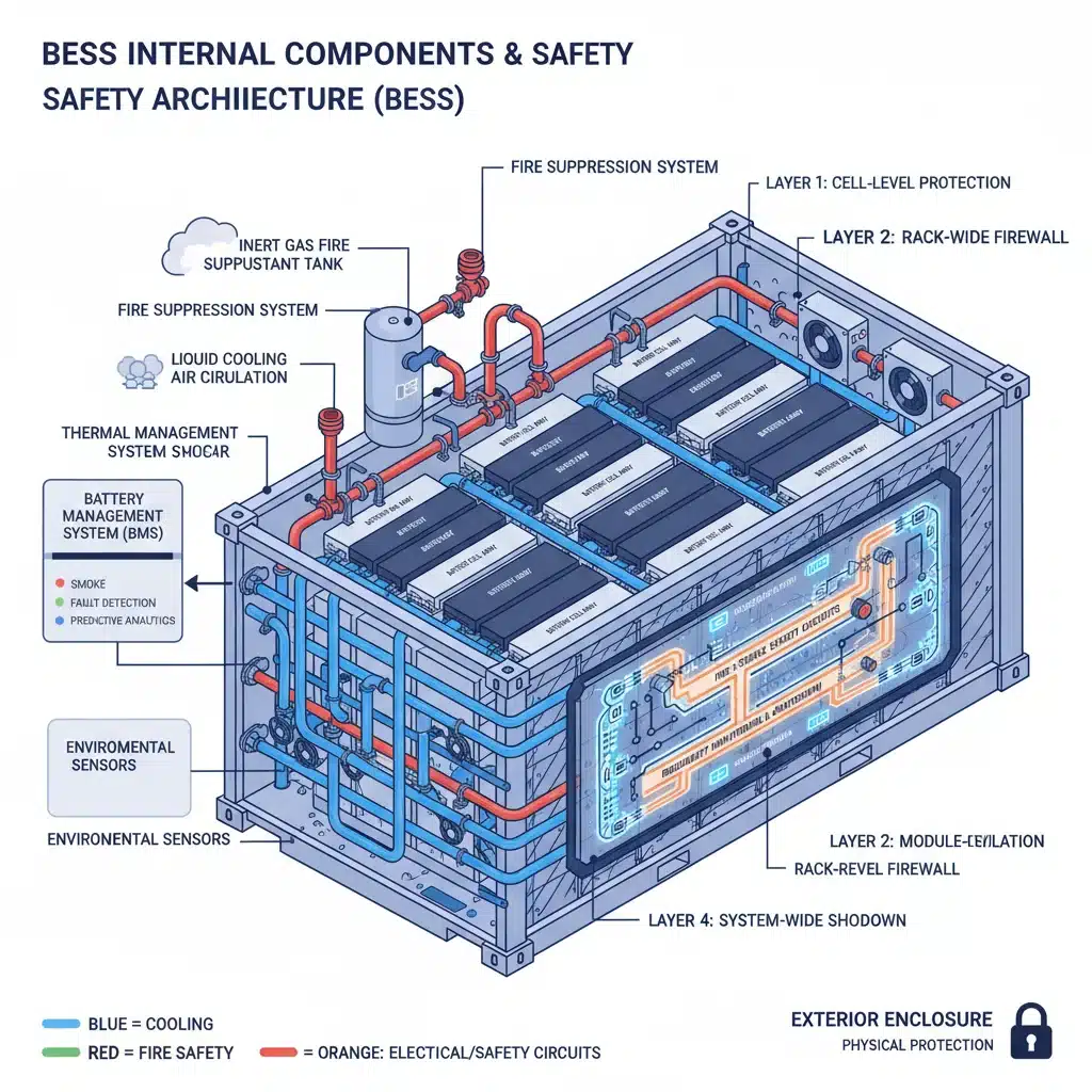 Diagram of battery energy storage system safety features