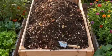 Rich, dark compost in a modern bin surrounded by a flourishing garden