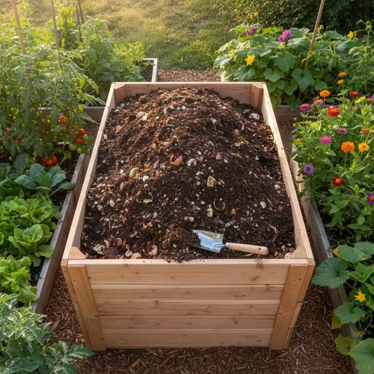 Rich, dark compost in a modern bin surrounded by a flourishing garden