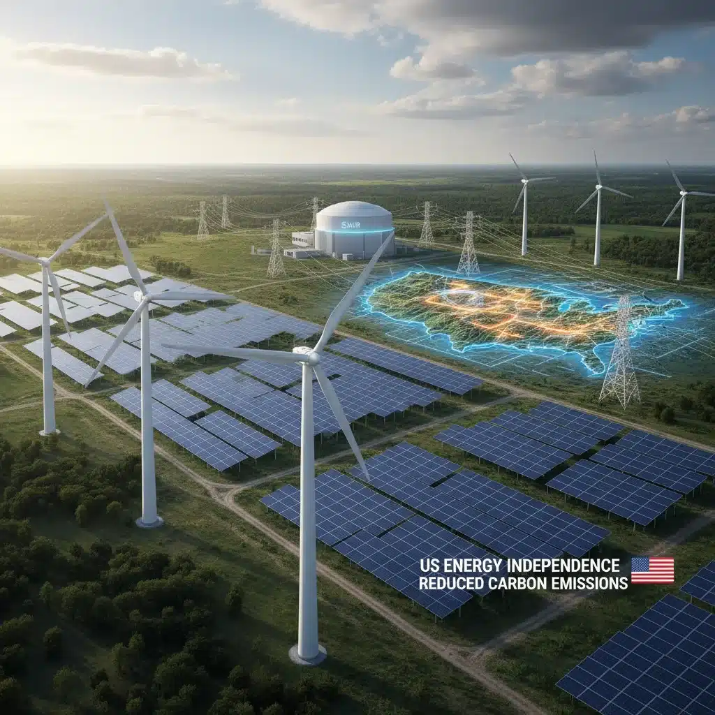 Diversified US energy portfolio with SMRs, wind, and solar.