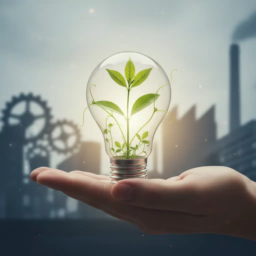 Hand holding an eco-friendly light bulb with a green leaf, representing sustainable business energy solutions.