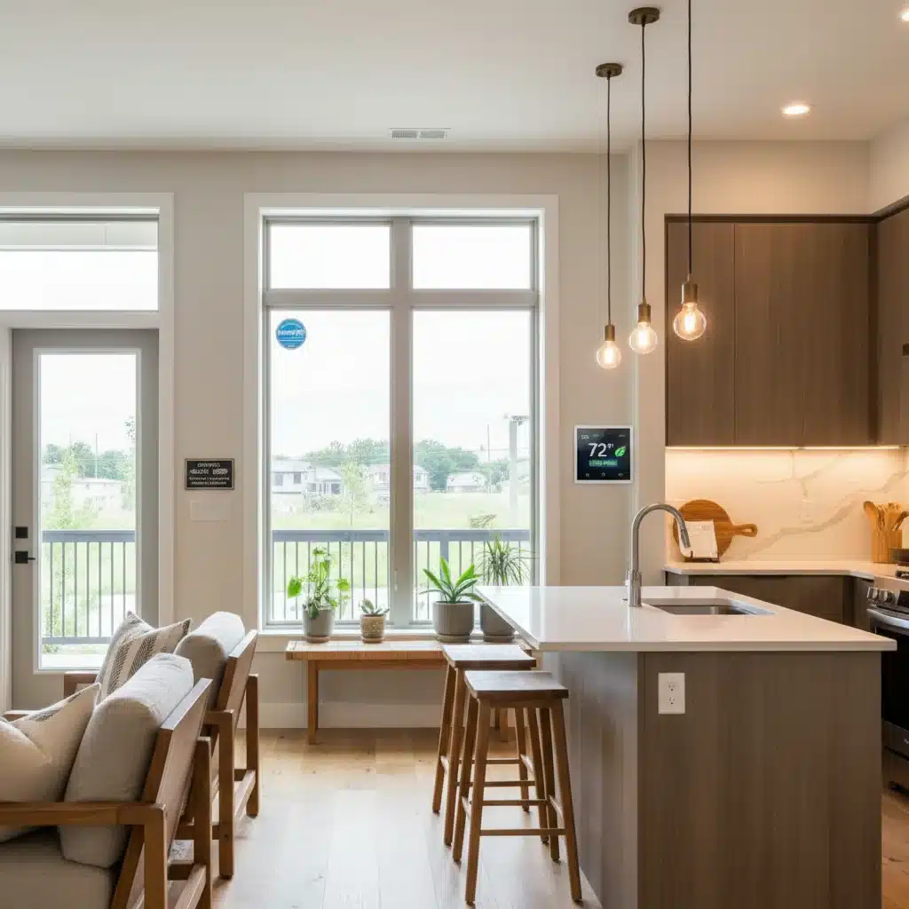 Energy-efficient home interior with smart thermostat and LED lighting