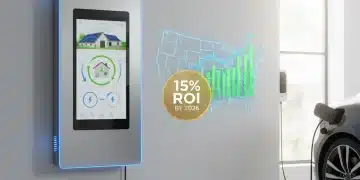 Residential grid-tied battery system with digital display and financial growth overlay.