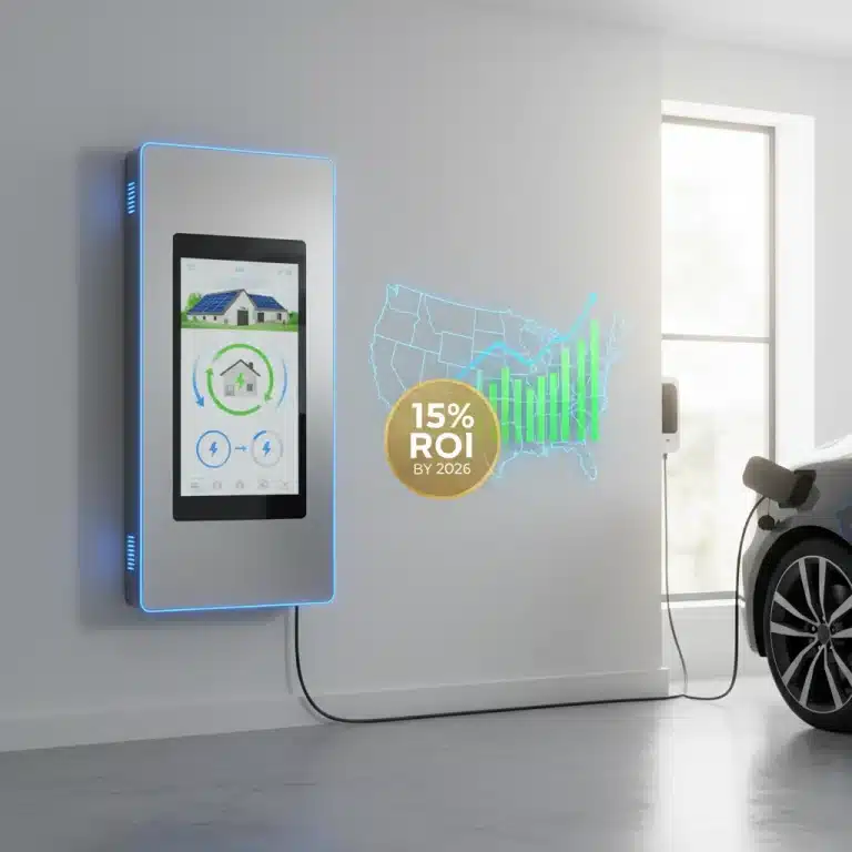 Residential grid-tied battery system with digital display and financial growth overlay.