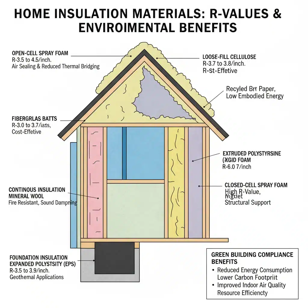 Diagram of various home insulation materials and their R-values
