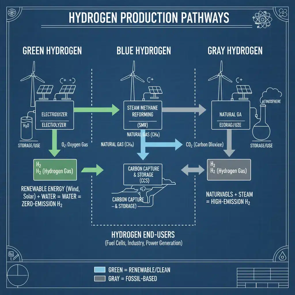 Diagram showing diverse hydrogen production pathways