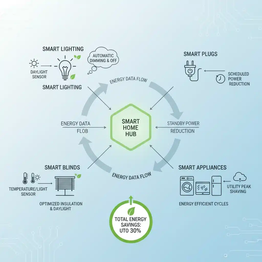Infographic showing integrated smart home energy saving devices