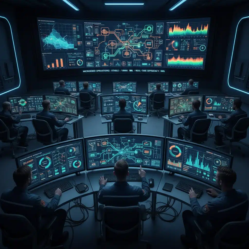 Engineers monitoring microgrid control room operations and energy flow data.