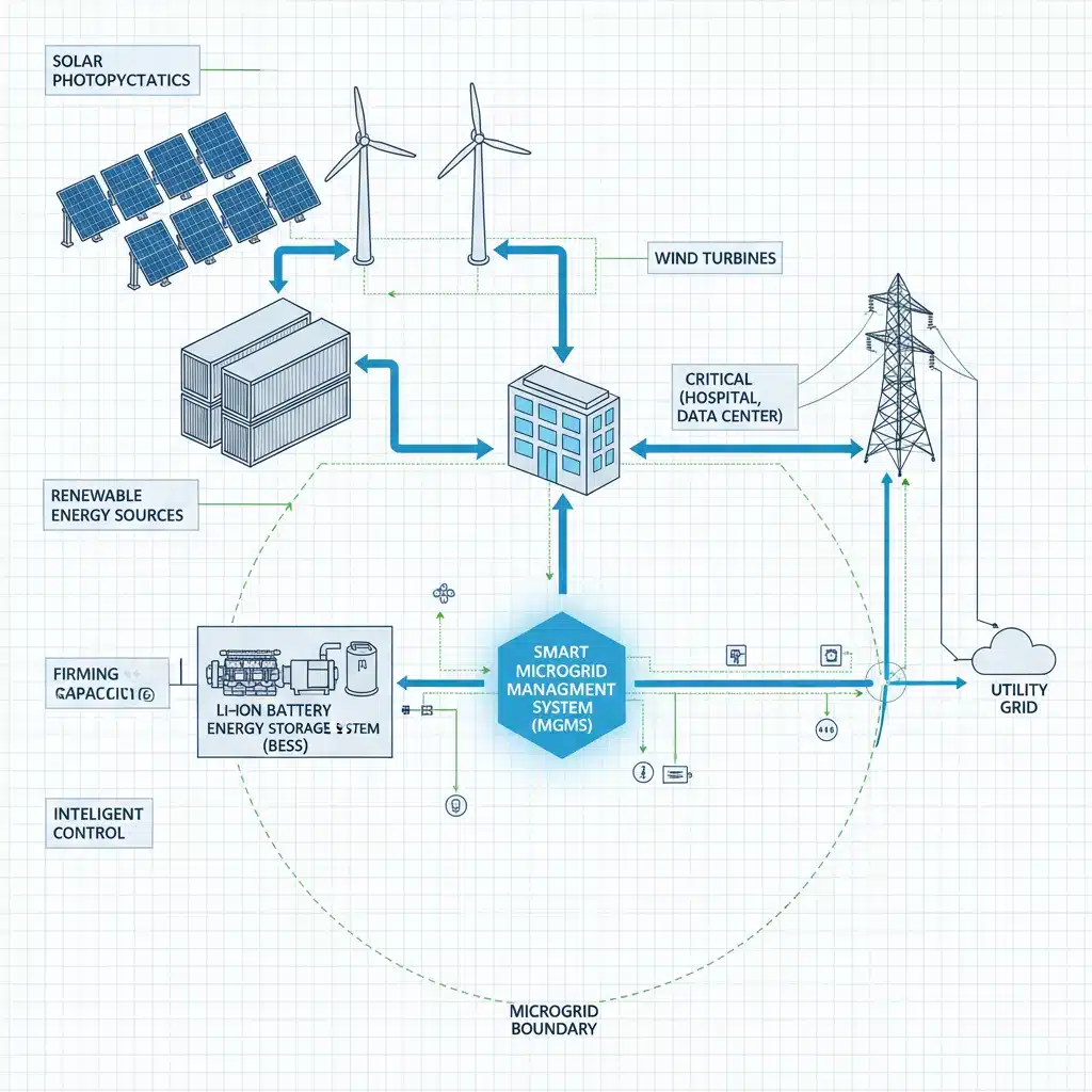 Diagram illustrating modern microgrid architecture with integrated renewable energy and battery storage.