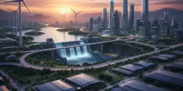 Futuristic landscape with solar panels, wind turbines, and a sustainable city.