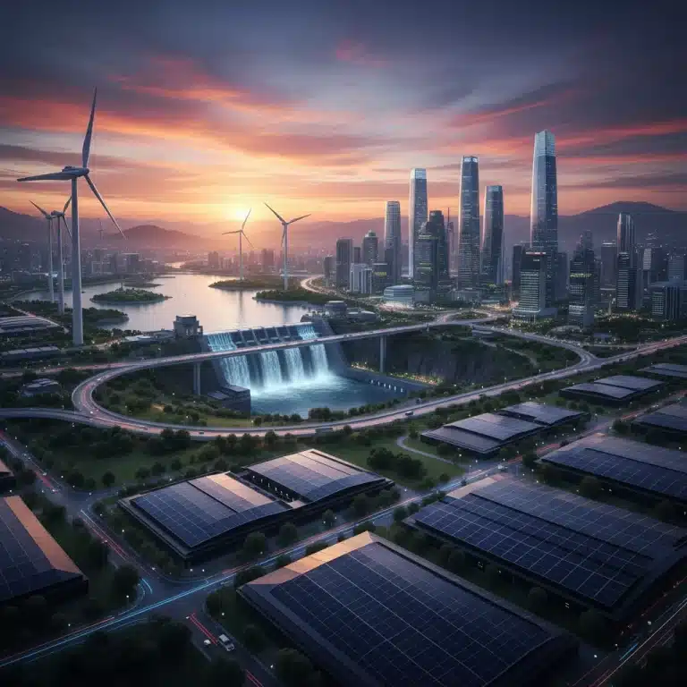 Futuristic landscape with solar panels, wind turbines, and a sustainable city.