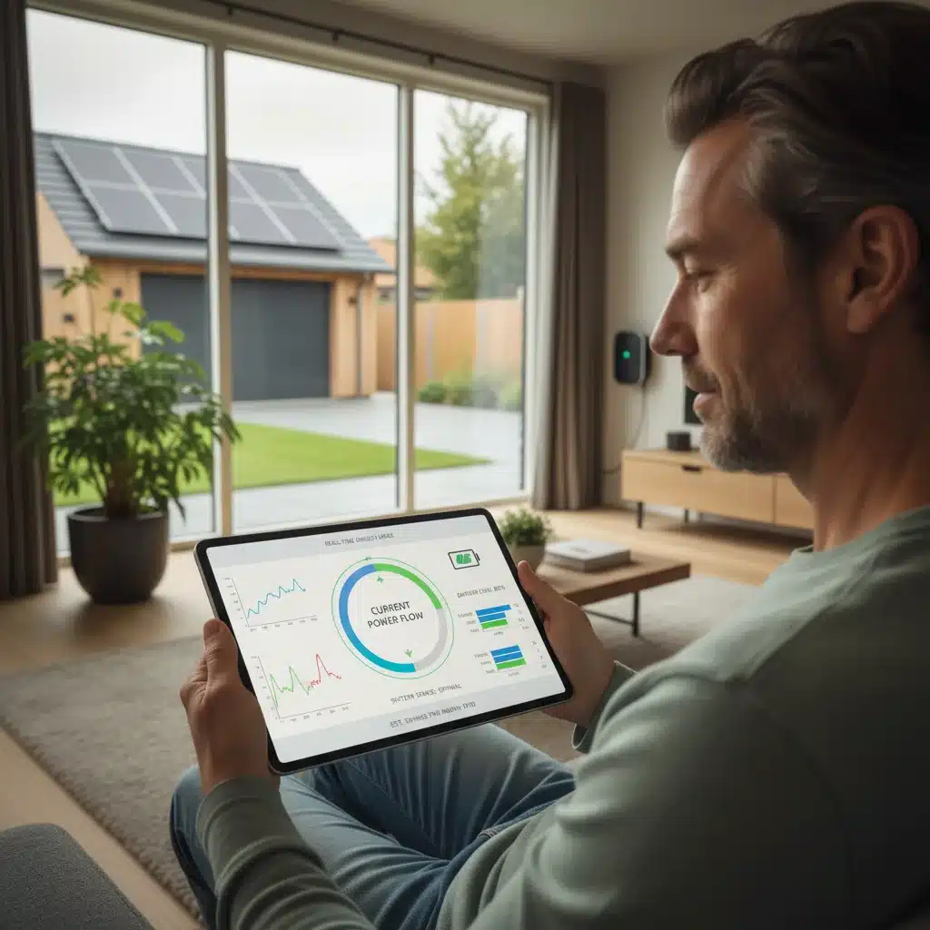 Homeowner monitoring smart energy system on a tablet.