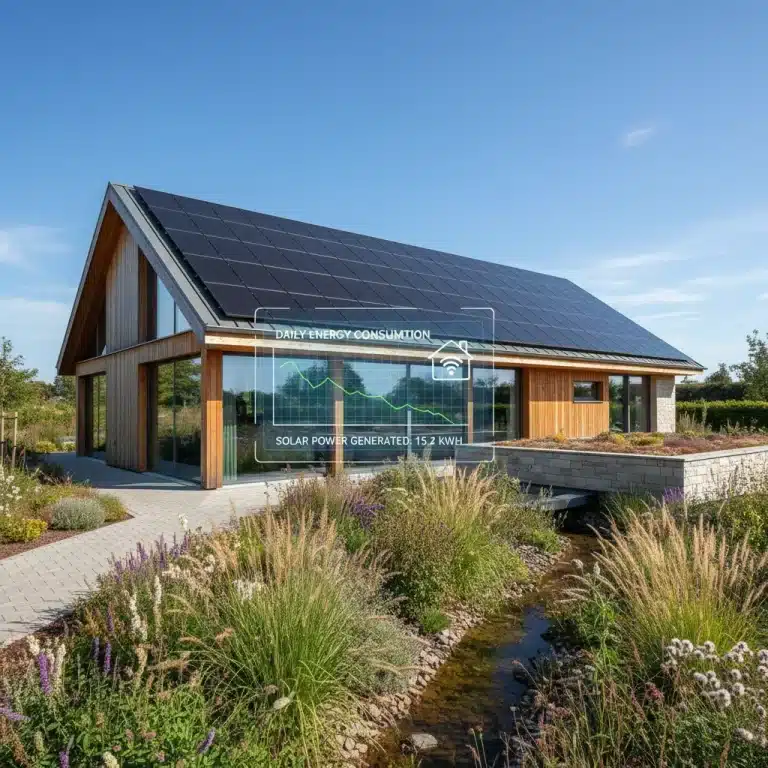 Modern smart home with solar panels and energy-efficient design