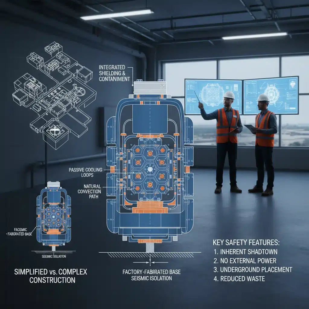 Diagram of a compact Small Modular Reactor core design with safety features.