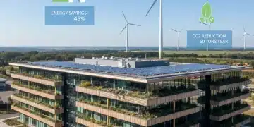 Modern office building with solar panels and wind turbines, representing business energy savings and sustainability.