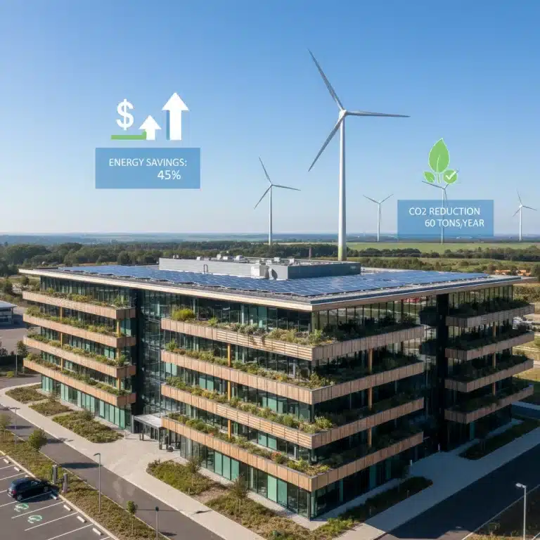 Modern office building with solar panels and wind turbines, representing business energy savings and sustainability.