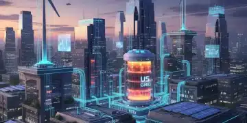 Futuristic US microgrid with solar, wind, and advanced battery storage facilities ensuring energy resilience.