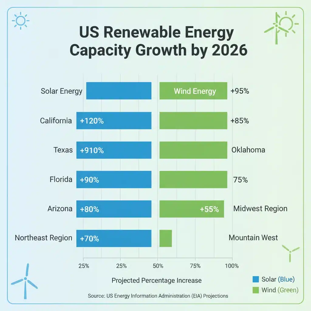 Projected growth of US solar and wind energy capacity by 2026.