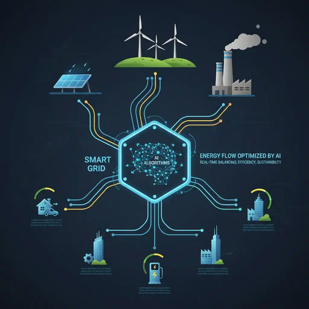 Infographic depicting AI managing diverse energy sources in a smart grid