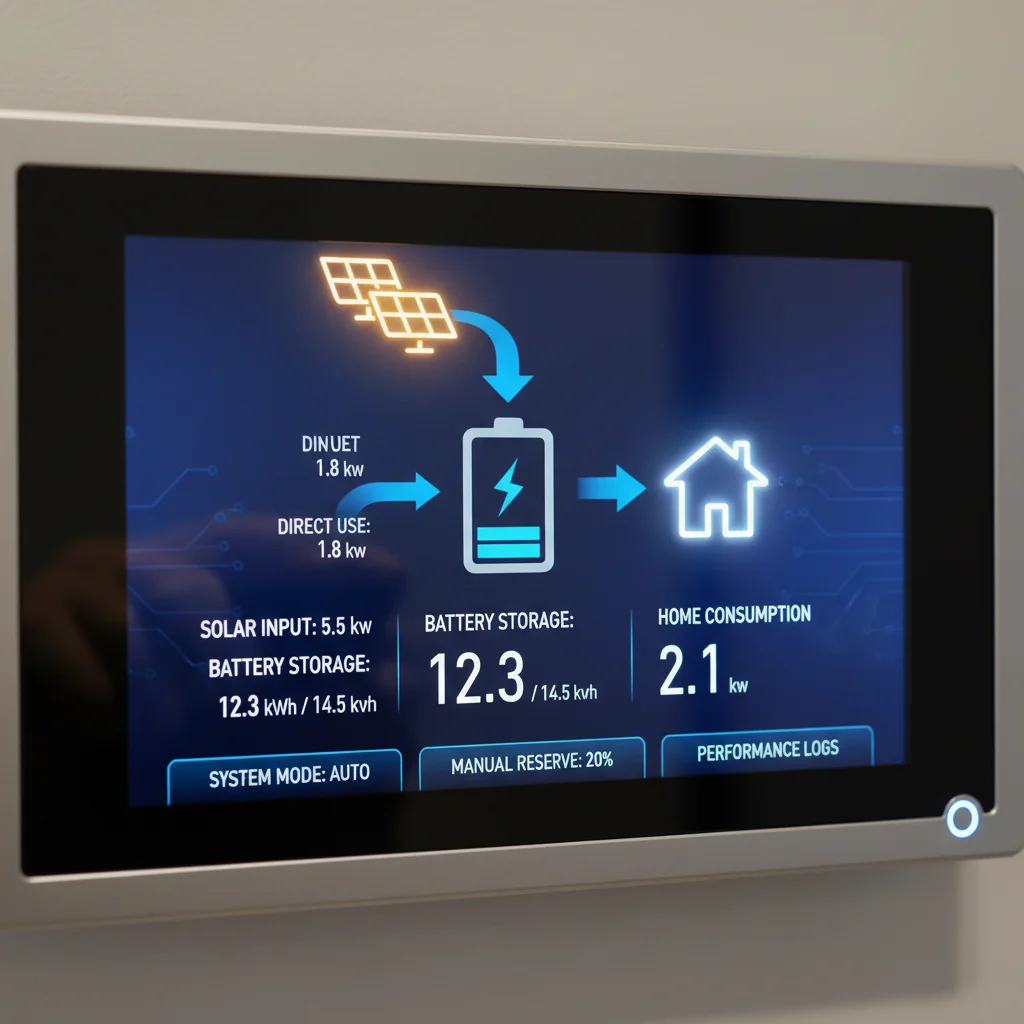 Residential battery system interface showing energy flow and monitoring.