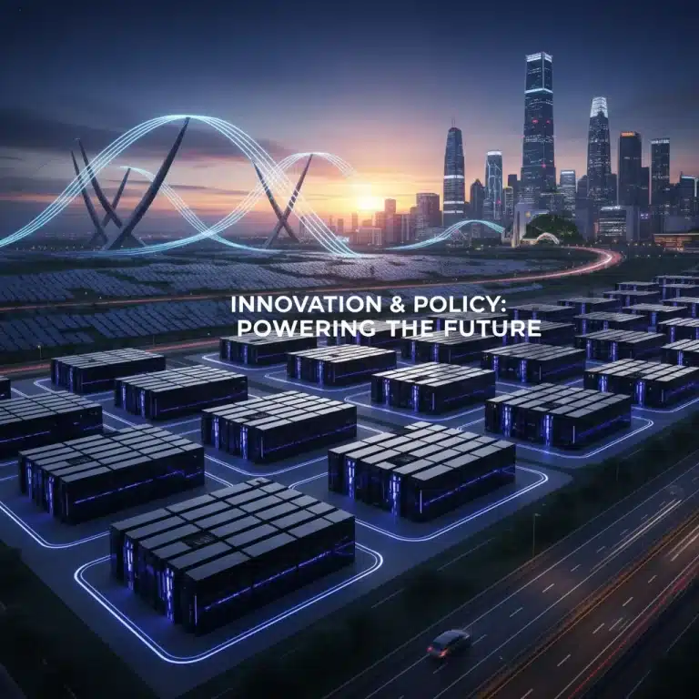 Large-scale commercial energy storage facility with modern battery units and solar panels