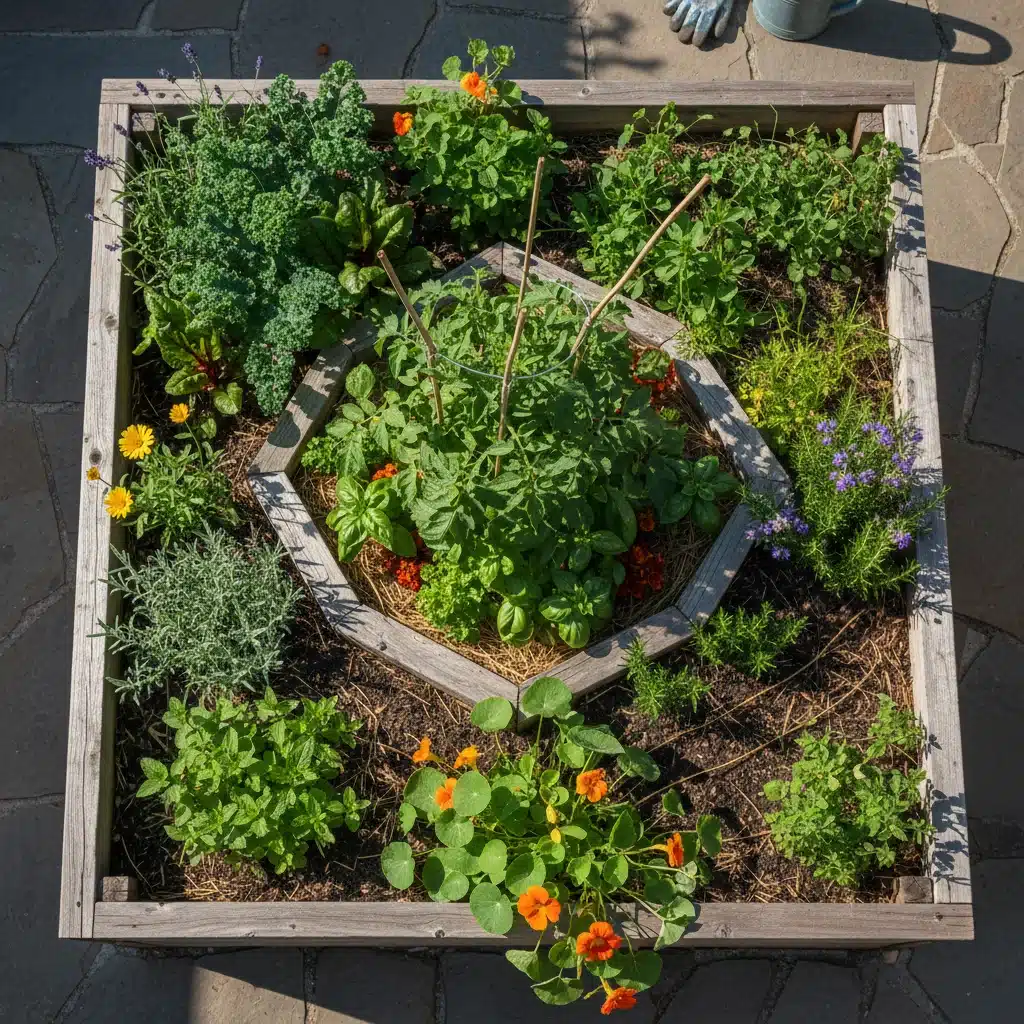 Raised garden bed with thriving companion planting arrangement