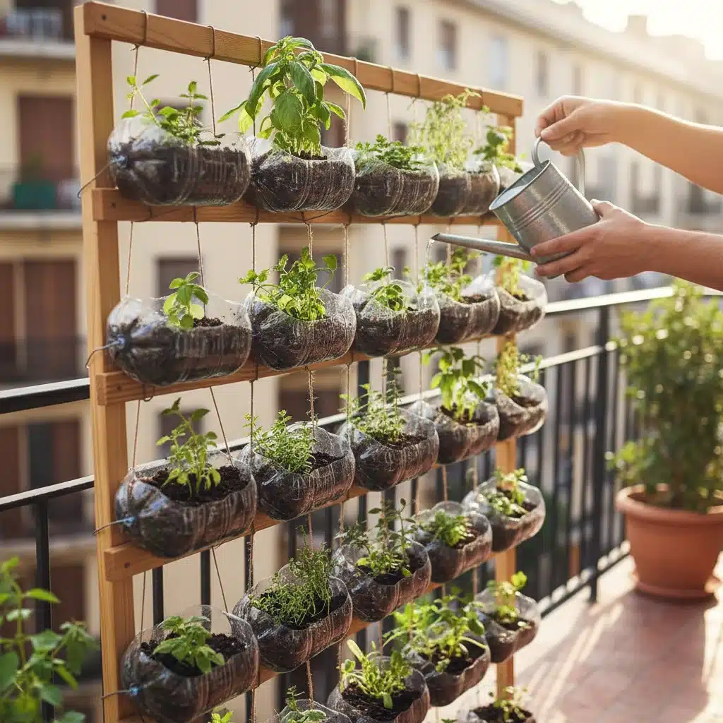 DIY vertical garden from repurposed plastic bottles on a balcony.