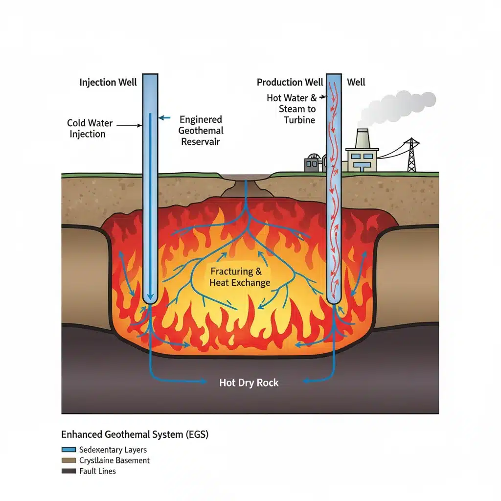 Enhanced Geothermal Systems (EGS) diagram showing underground heat exchange.