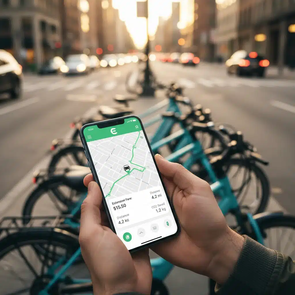 Hands using a smartphone app for electric vehicle ride-sharing, promoting modern green commuting technology.