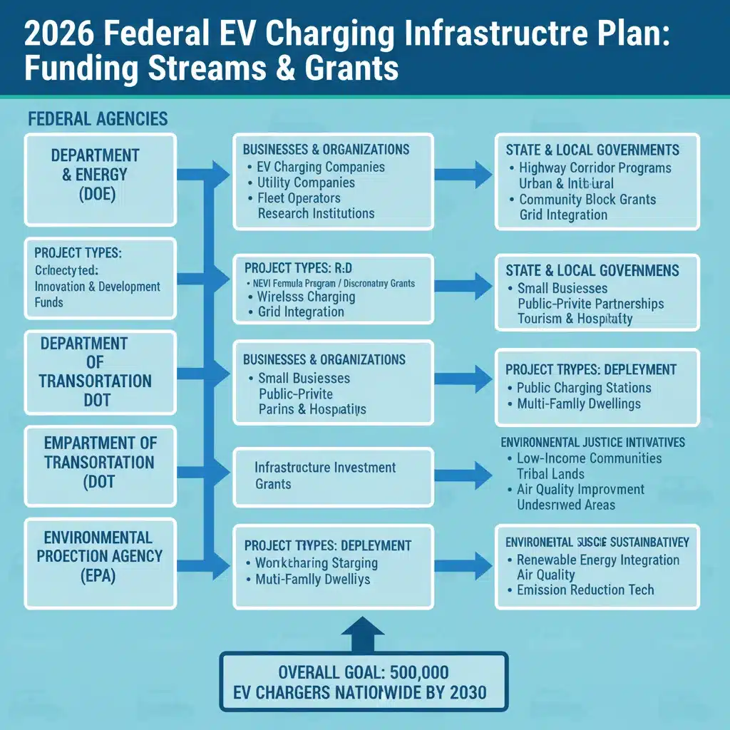 Infographic showing federal EV charging grants and funding streams.