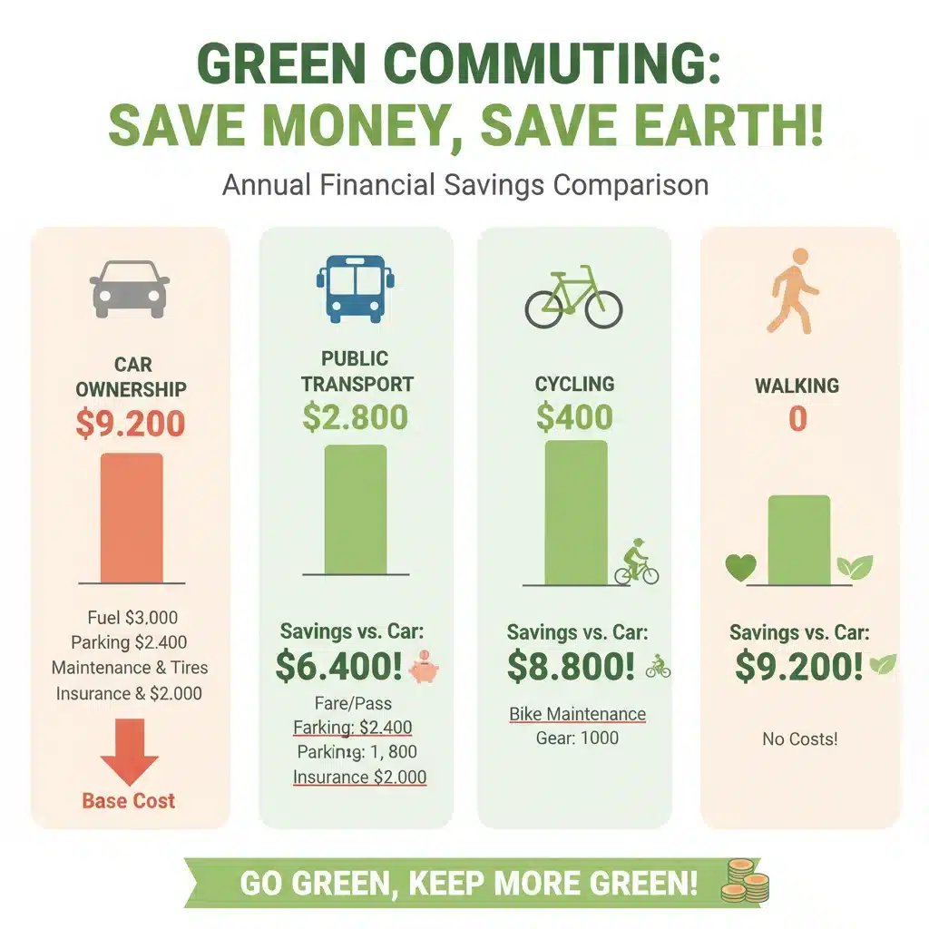 Infographic displaying annual financial savings from various green commuting options compared to traditional car use.