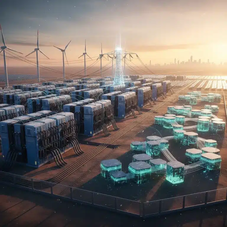 Futuristic energy storage facility with LFP and solid-state batteries, renewable energy background