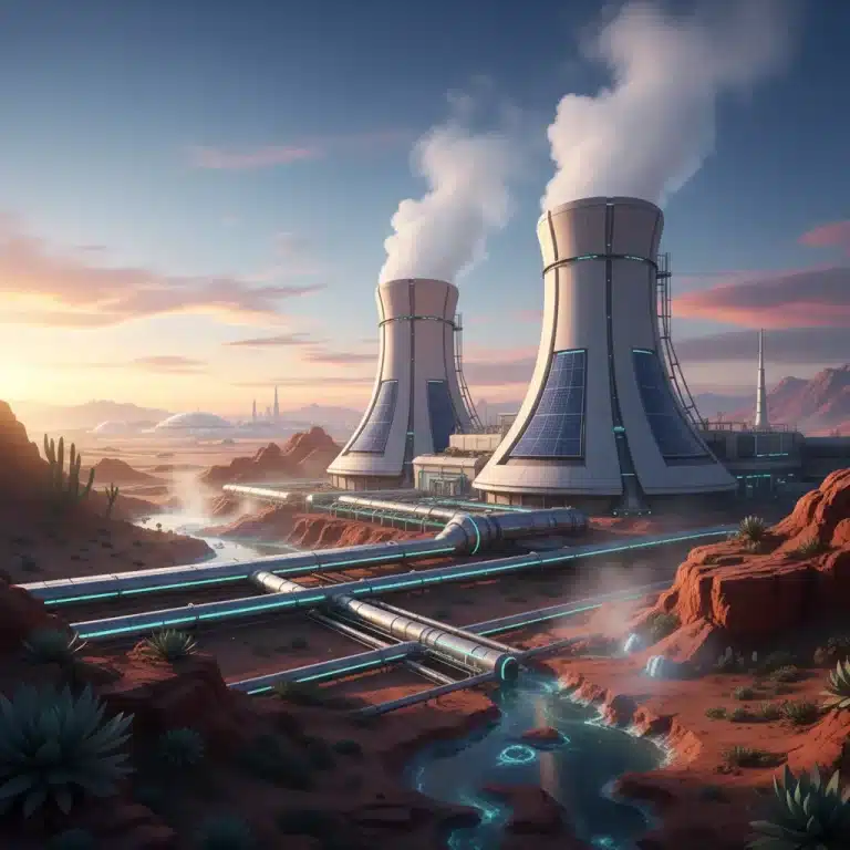 Geothermal power plant landscape with steam and sunset in the US.