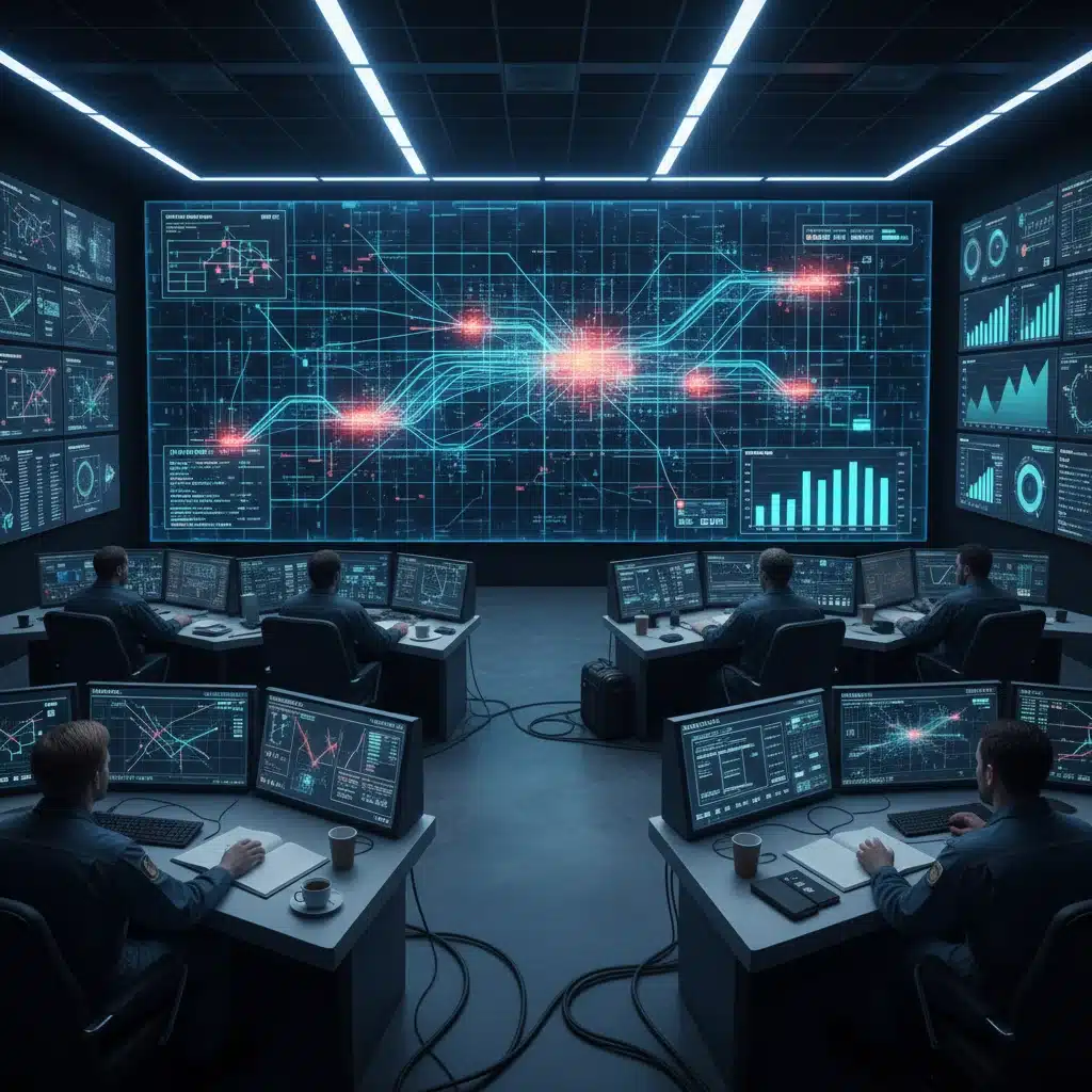 Engineers monitoring a modern electricity grid in a control room