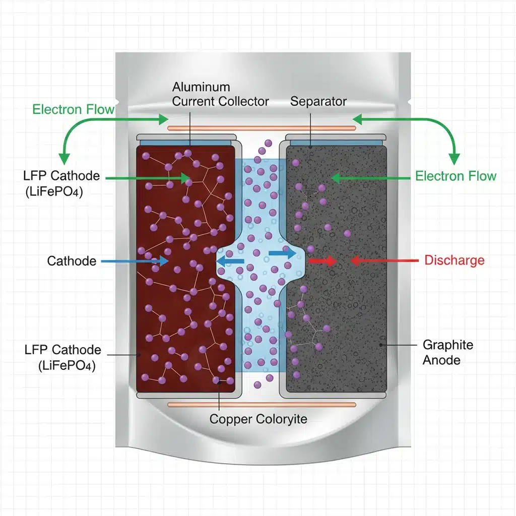 Detailed internal structure diagram of an LFP battery cell with components labeled