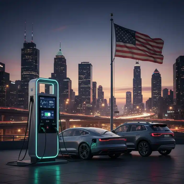 Modern EV charging station with federal support in a bustling city.