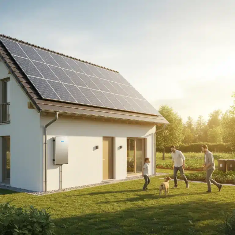 Modern home with solar panels and a residential battery system for energy independence.