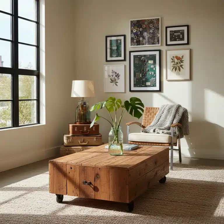 Modern living room with upcycled furniture and decor, demonstrating innovative re-use.