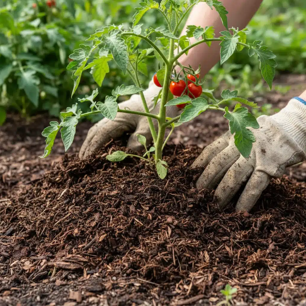 Gardener applying organic mulch to retain soil moisture
