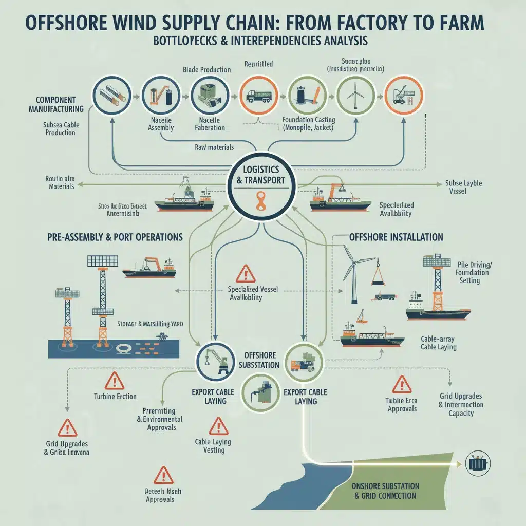 Offshore wind supply chain infographic detailing manufacturing, transport, and installation.