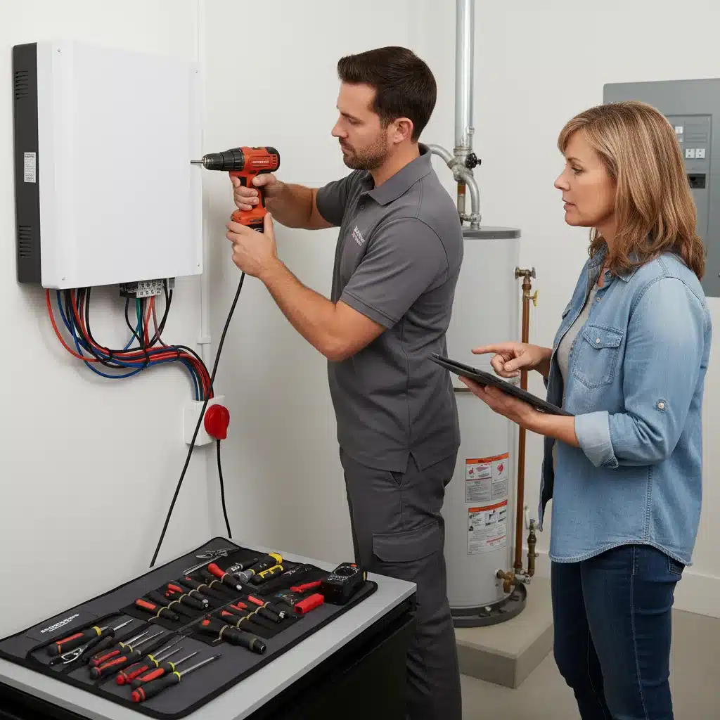 Professional installation of a residential battery storage system component.