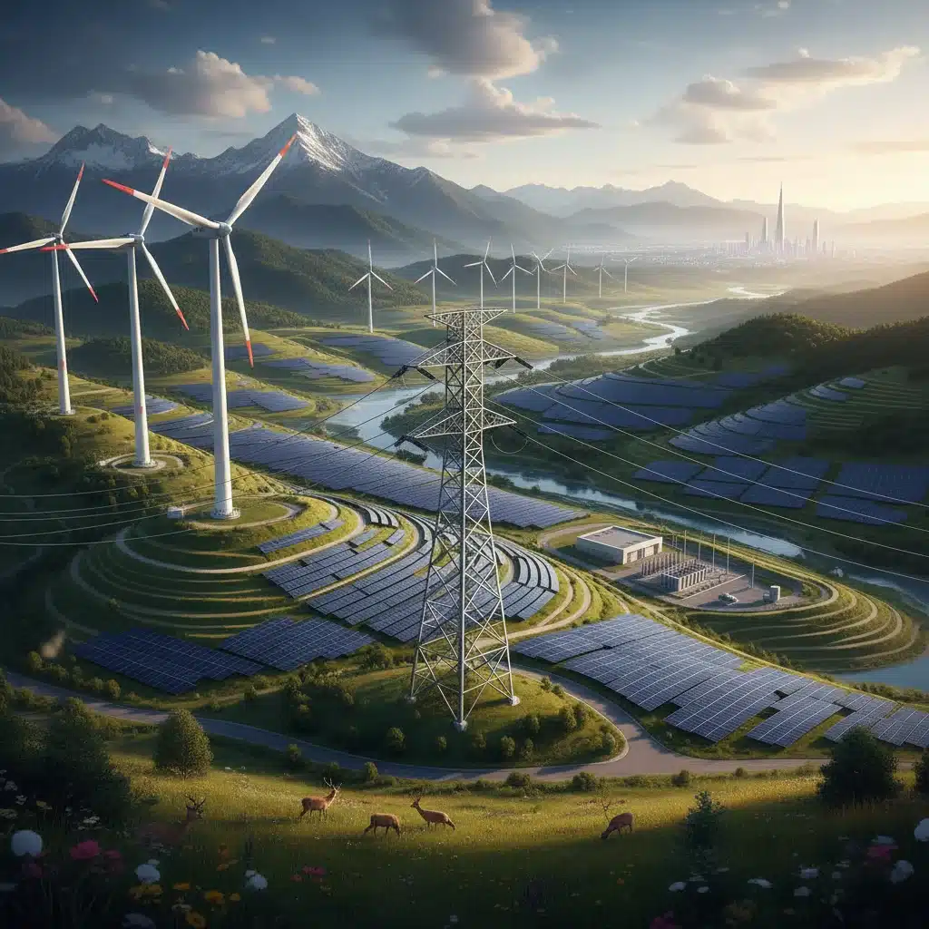 Wind turbines and solar panels connected by a transmission tower