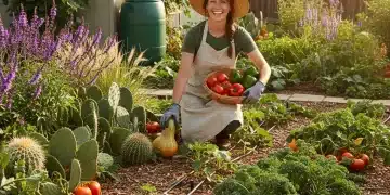 Sustainable Gardening 2026: Boost Yields by 20% with Water-Wise Techniques (PRACTICAL SOLUTIONS, FINANCIAL IMPACT) Lush sustainable garden with drip irrigation and rainwater harvesting