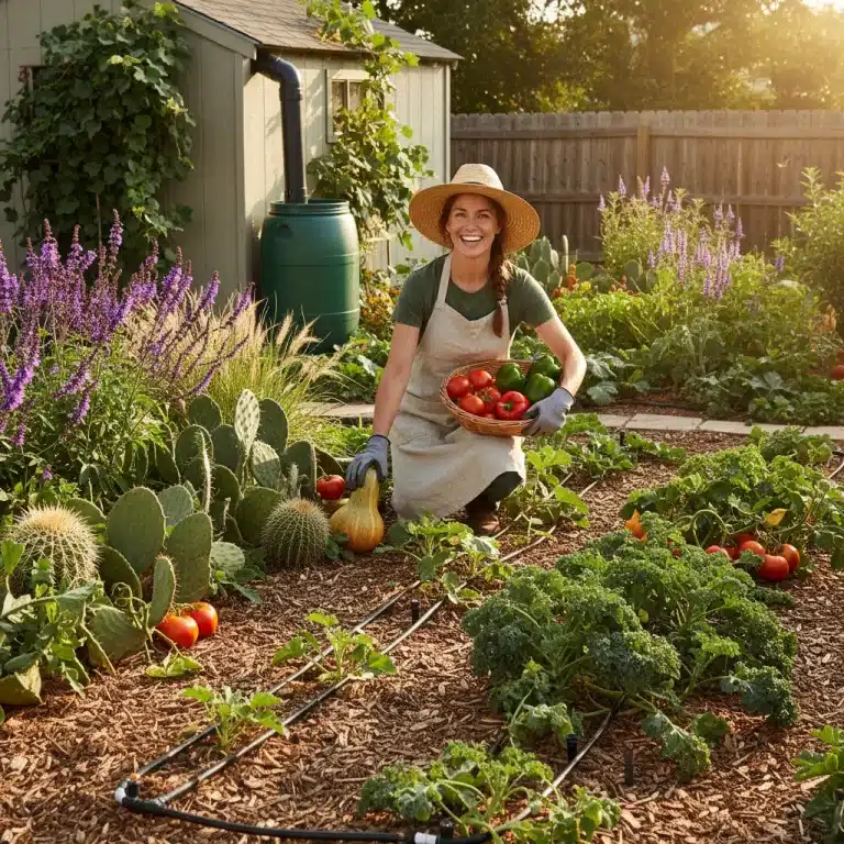Lush sustainable garden with drip irrigation and rainwater harvesting