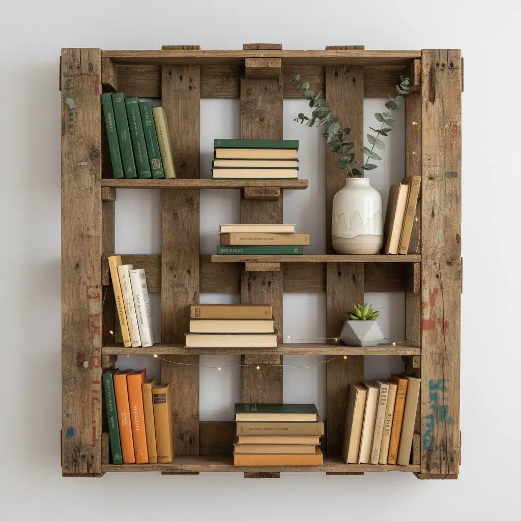 Upcycled wooden pallet transformed into a rustic bookshelf.