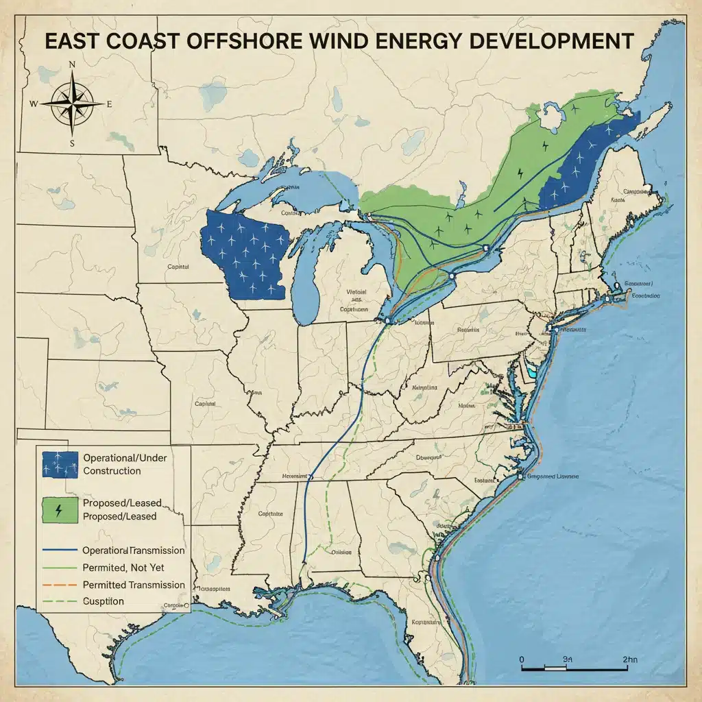Map of US East Coast Wind Energy Areas and offshore wind transmission routes.