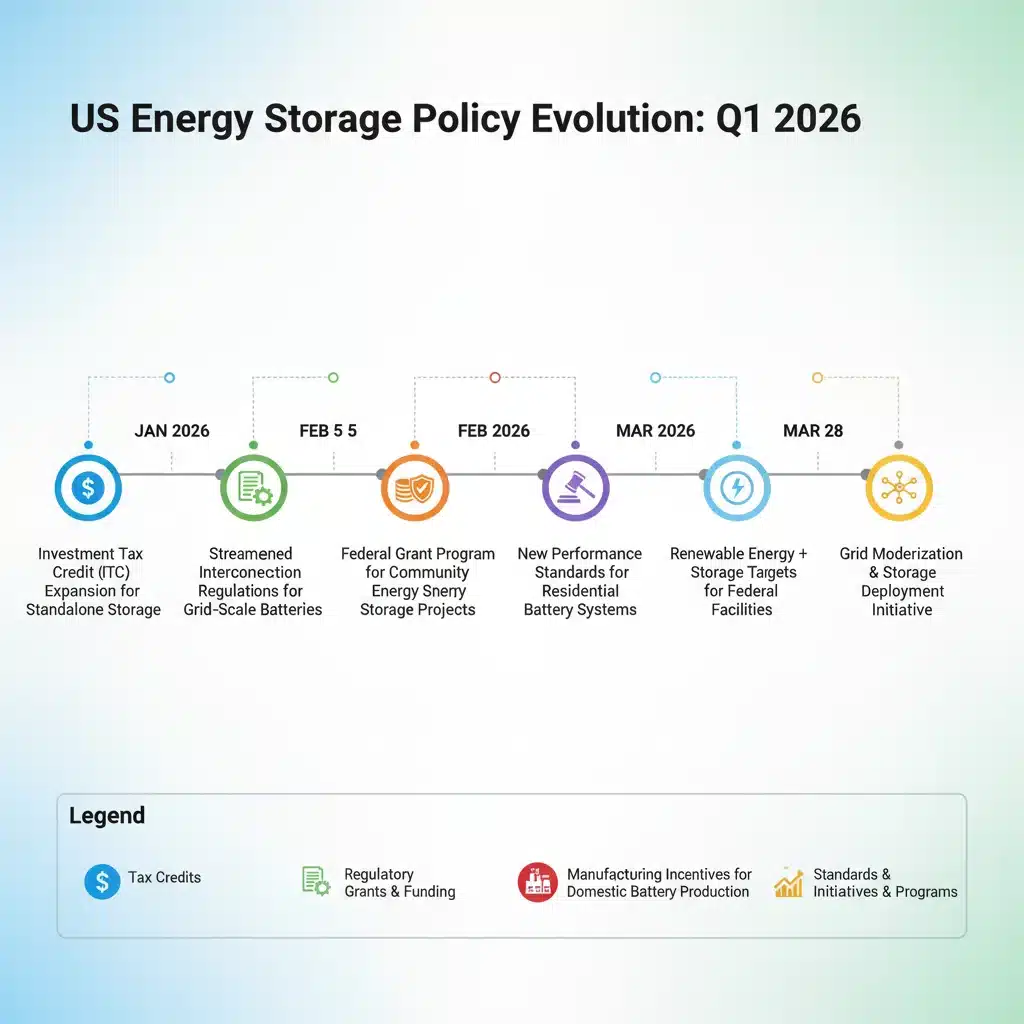 Infographic depicting US energy storage policy changes timeline 2026