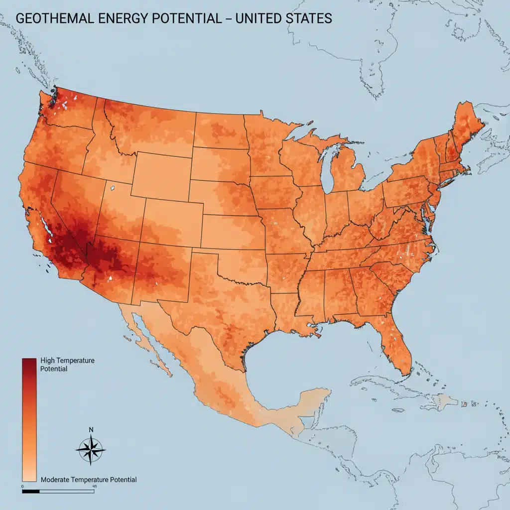 US map showing regions with high geothermal energy potential.